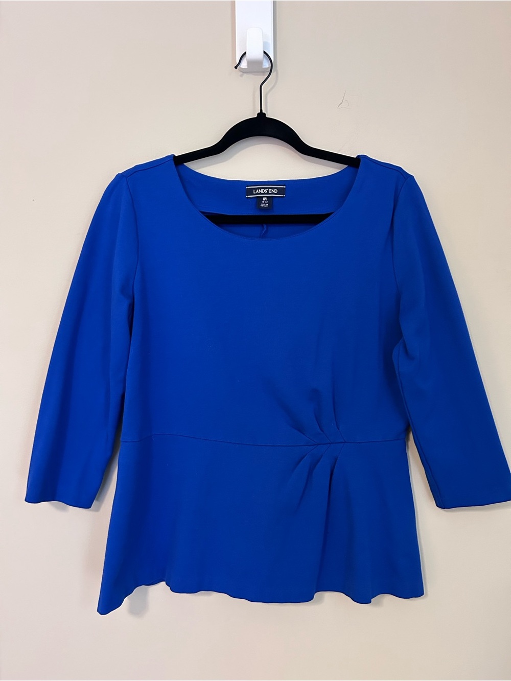 LANDS END Peplum Tunic Popover Top Women's M Ponte Knit 3/4 Sleeve Blue Blouse